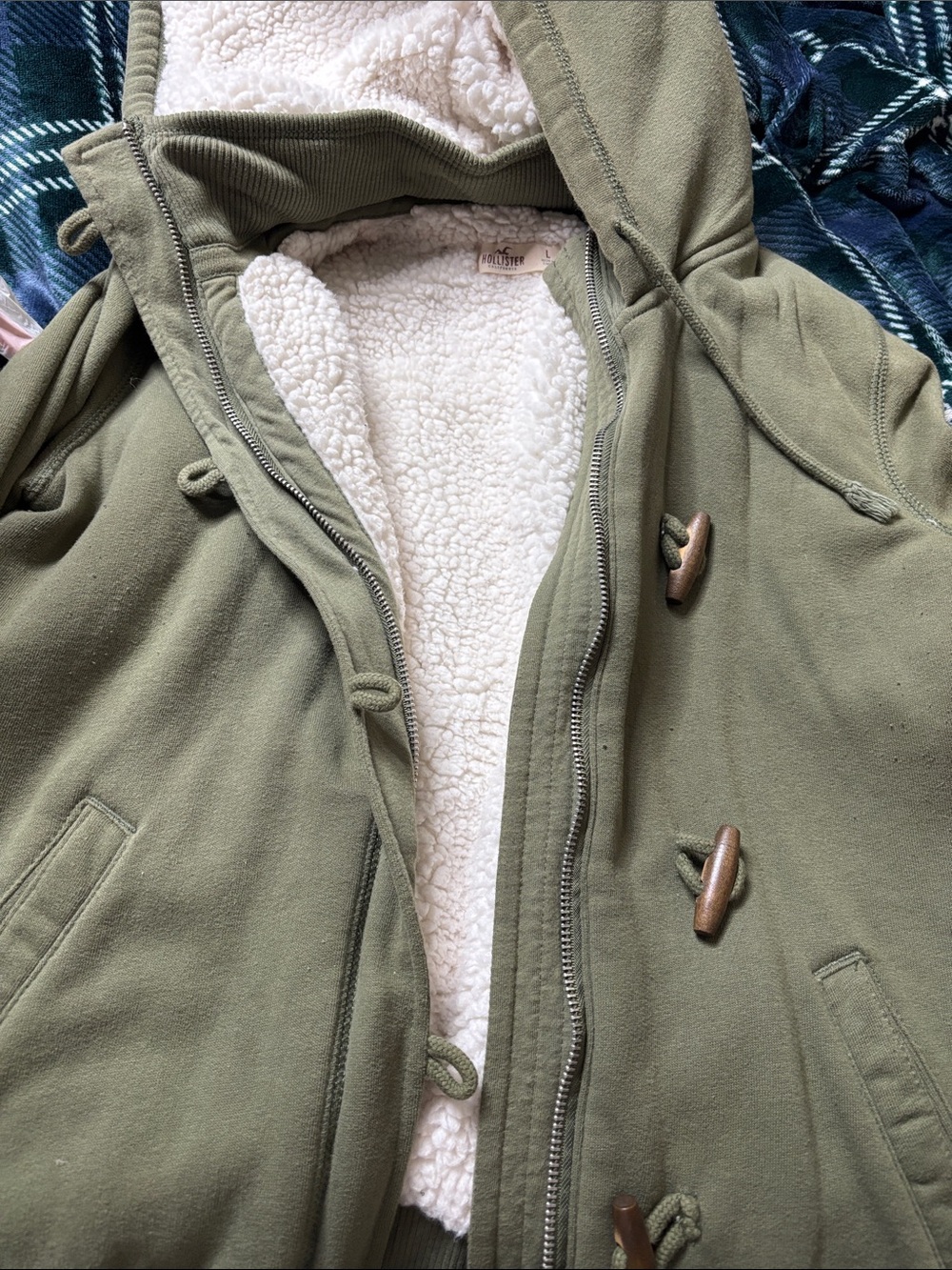 Hollister Olive Green Hoodie with Cream Sherpa Lining